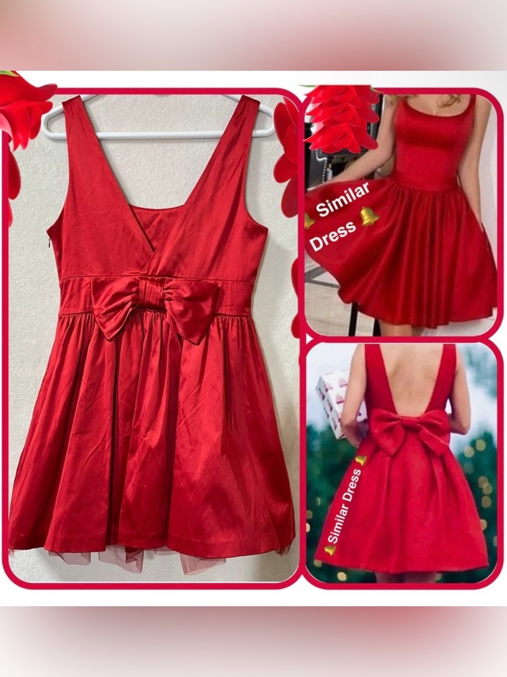 Elegant Bow Embellished Back Fit & Flare A-line Red Satin Mini Dress M